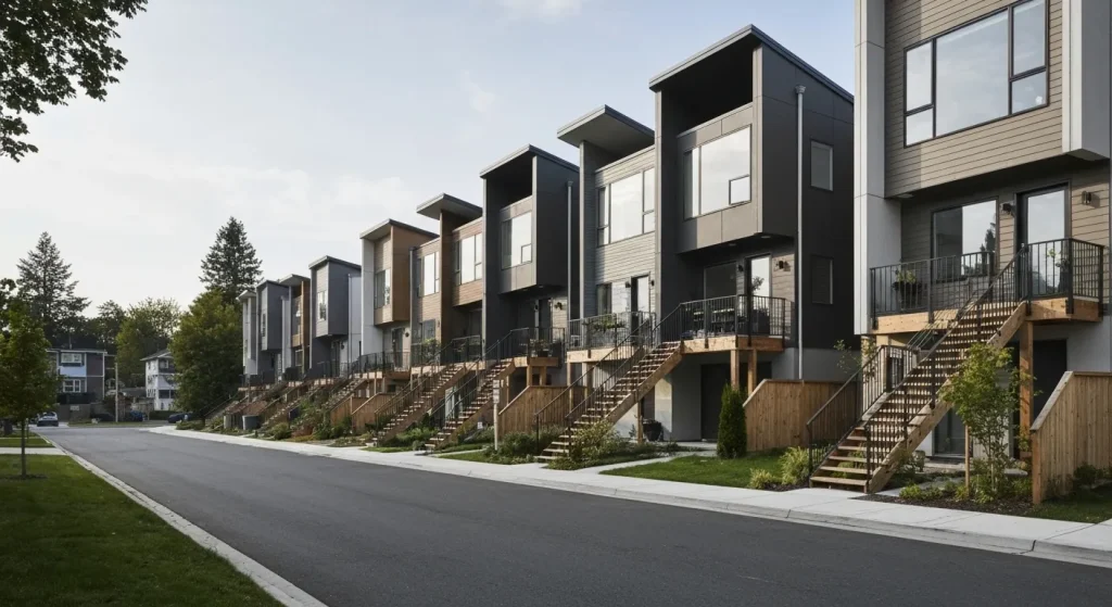 Clădiri rezidențiale cu mai multe unități, cu scări exterioare și design modern, integrate într-un cartier suburban.