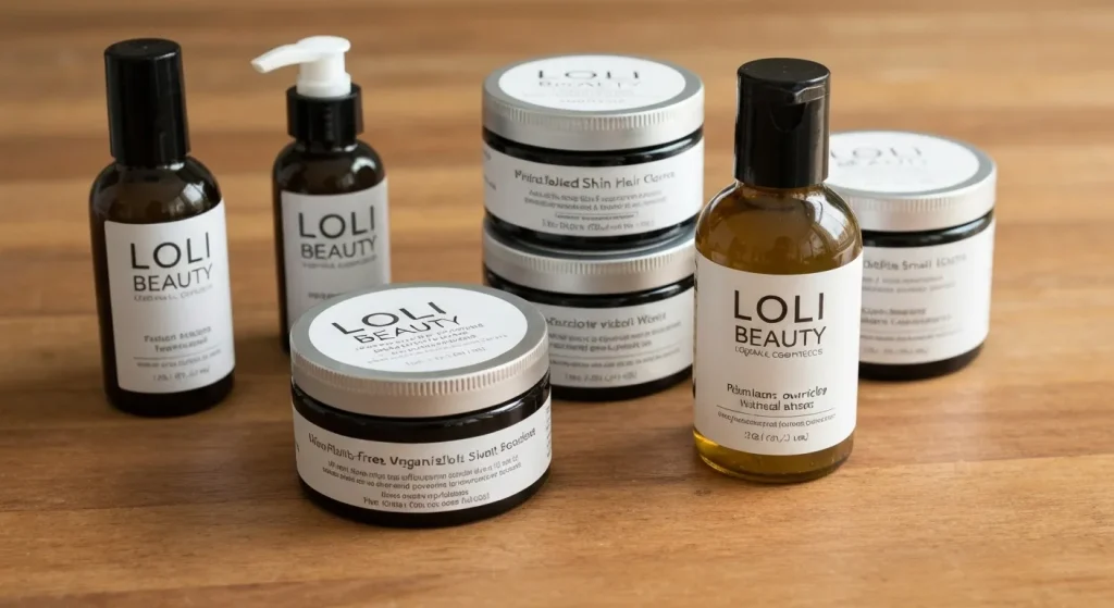Produse cosmetice organice, vegane și sustenabile, ambalate în recipiente din sticlă reutilizabile, cu etichete compostabile.