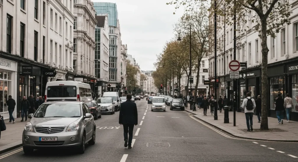 O stradă din Londra cu puține sau deloc mașini, cu oameni mergând pe jos și bicicliști.