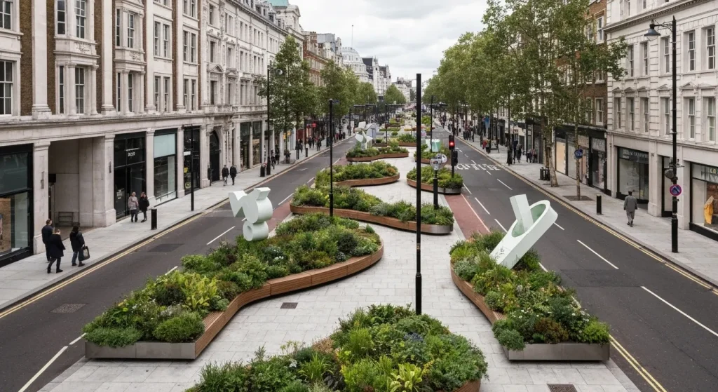 O porțiune pietonalizată a străzii Oxford Street din Londra, cu spații verzi, artă publică și pietoni.