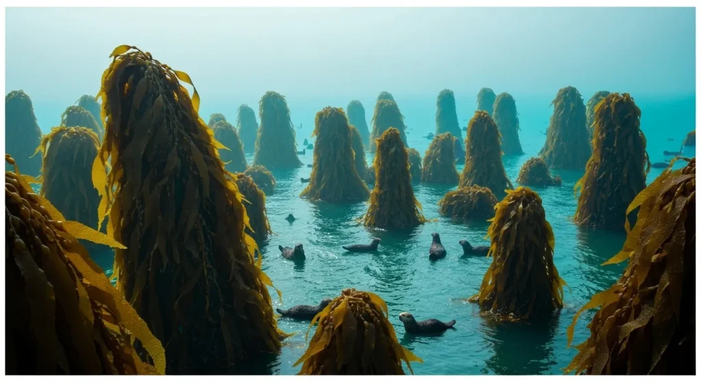 O colonie de vidre de mare într-o zonă dens populată cu alge marine într-un golf.