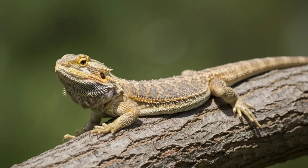 Un dragon cu barbă stă pe o ramură de copac, cu barba întunecată.