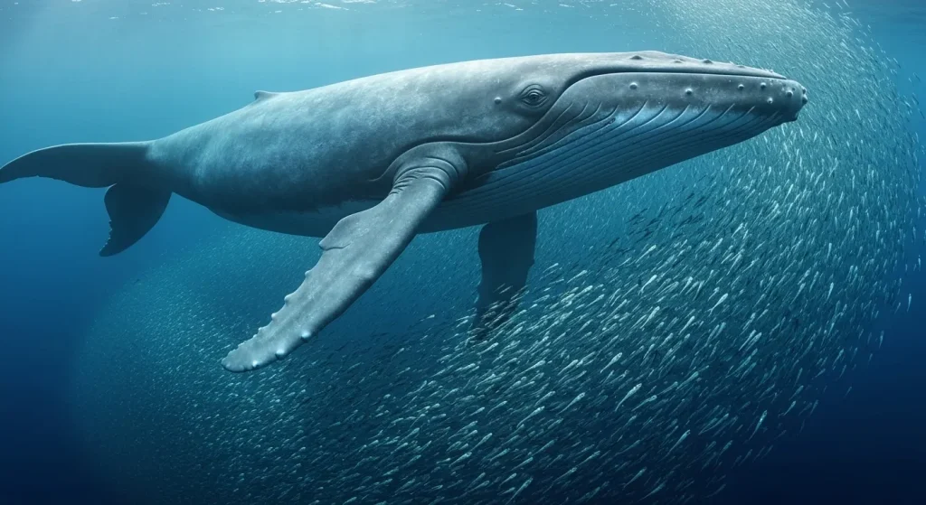 O balenă albastră imensă înoată în ocean, înconjurată de un roi dens de krill.