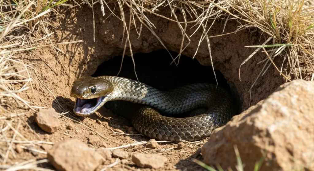 O mamba neagră în interiorul unei vizuini, cu gura ușor deschisă, arătând culoarea neagră interioară.