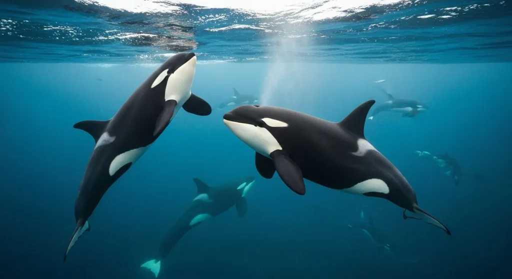 Un grup de orci înoată în ocean, evidențiind coloritul lor alb-negru distinct.