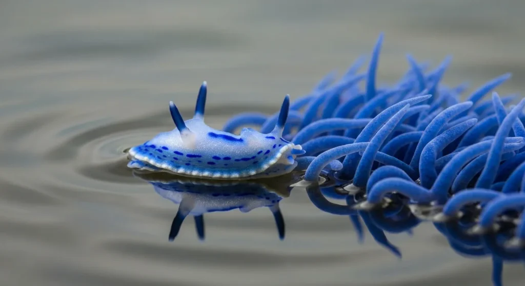 Un grup de melci de mare Glaucus atlanticus, de culoare albastră și argintie, plutesc la suprafața apei.