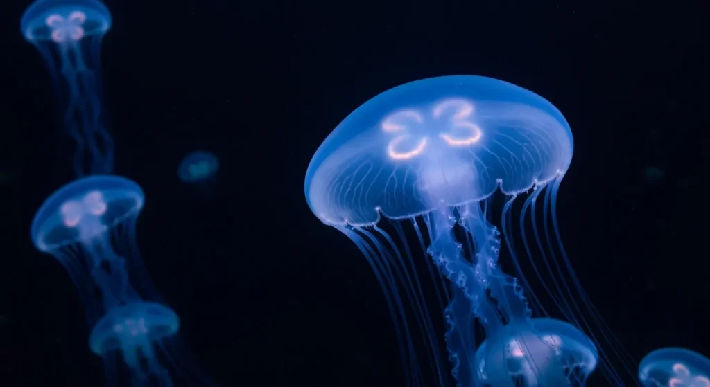O meduză mare, translucidă, cu o nuanță albastră-violet, plutește în ape întunecate, înconjurată de câteva meduze mai mici.