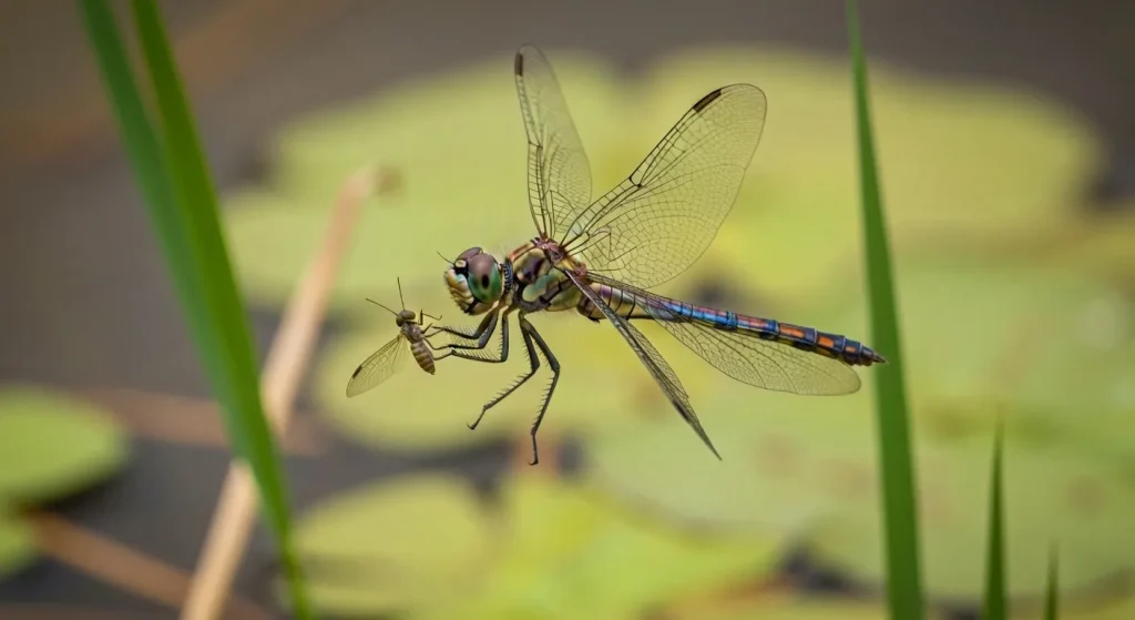 Libelulă în zbor, surprinsă în momentul prinderii unei insecte mai mici.