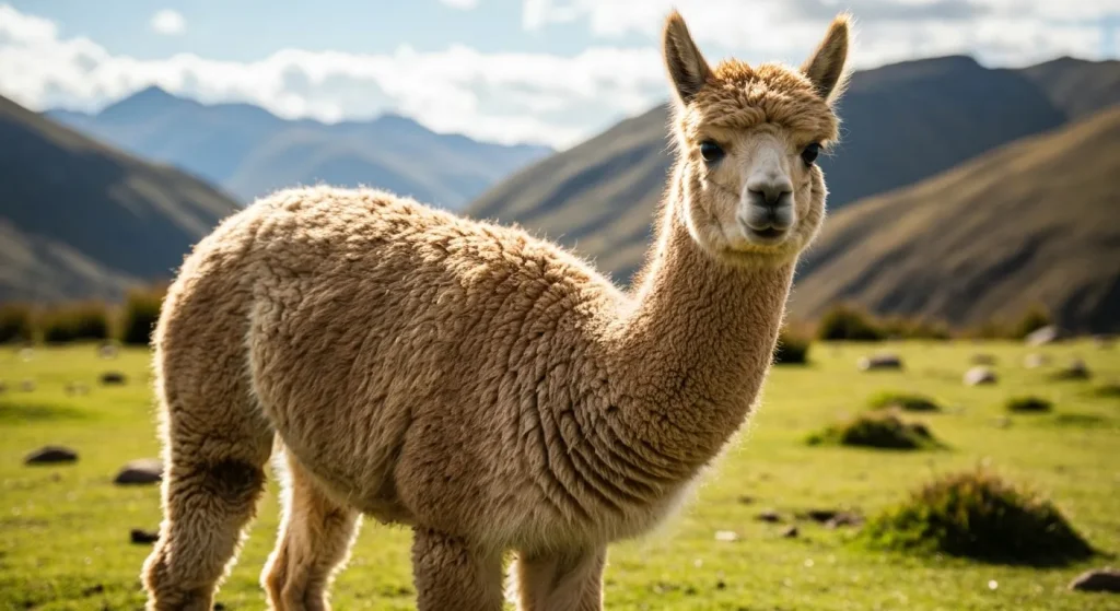 O alpacă cu blană pufoasă, maro deschis, stă într-un peisaj andin însorit, pe un fundal muntos.