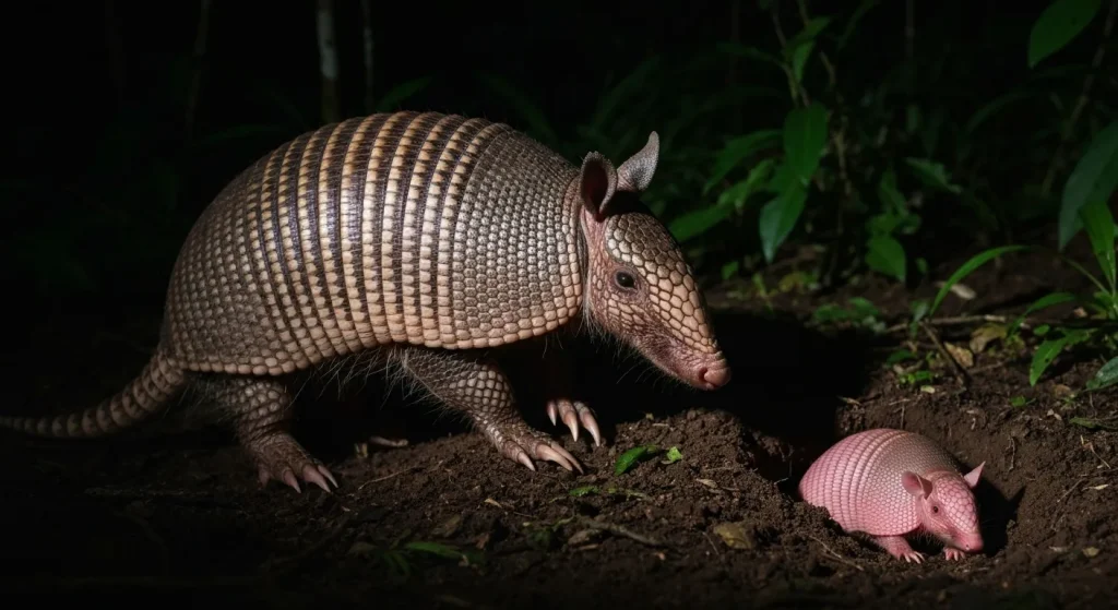 Un armadillo mare, cu carapacea vizibilă, în habitatul său natural nocturn, alături de un armadillo roz mult mai mic.