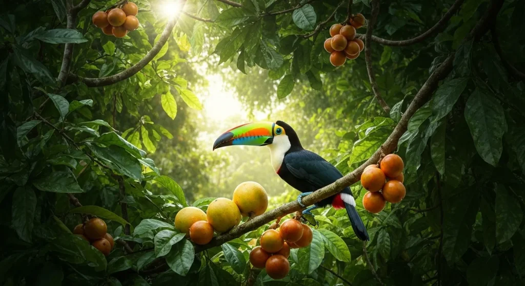 Un tucan colorat este așezat pe o ramură într-o pădure tropicală, cu fructe în jur.