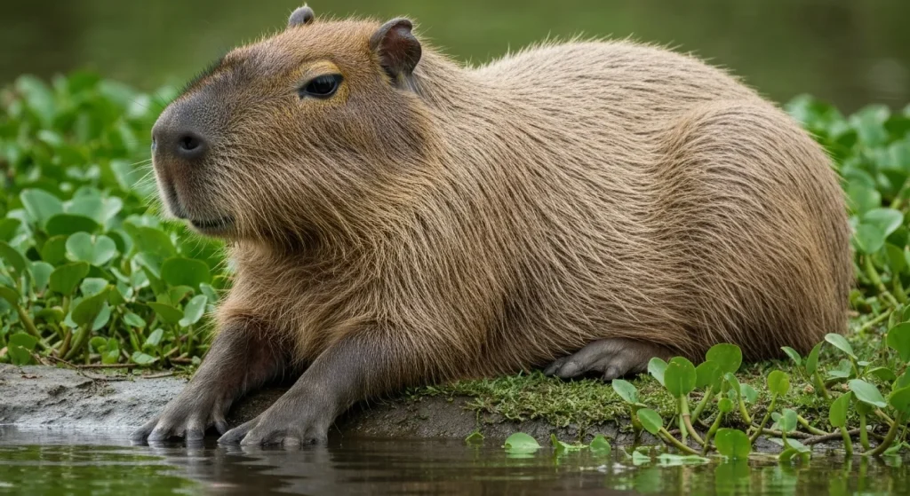 Capibara semi-acvatică în apropierea apei, cu labe parțial înotătoare vizibile.