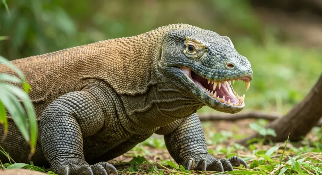 Un dragon Komodo adult, cu pielea blindată, stă într-un mediu natural.