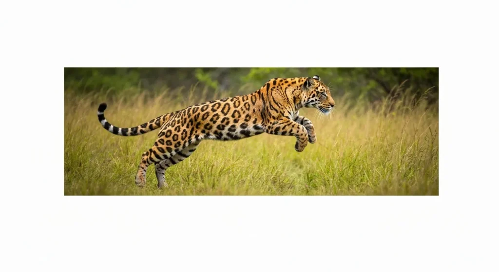 Un leopard sărind prin iarbă înaltă, mușchii tensionați în pregătirea pentru un salt.