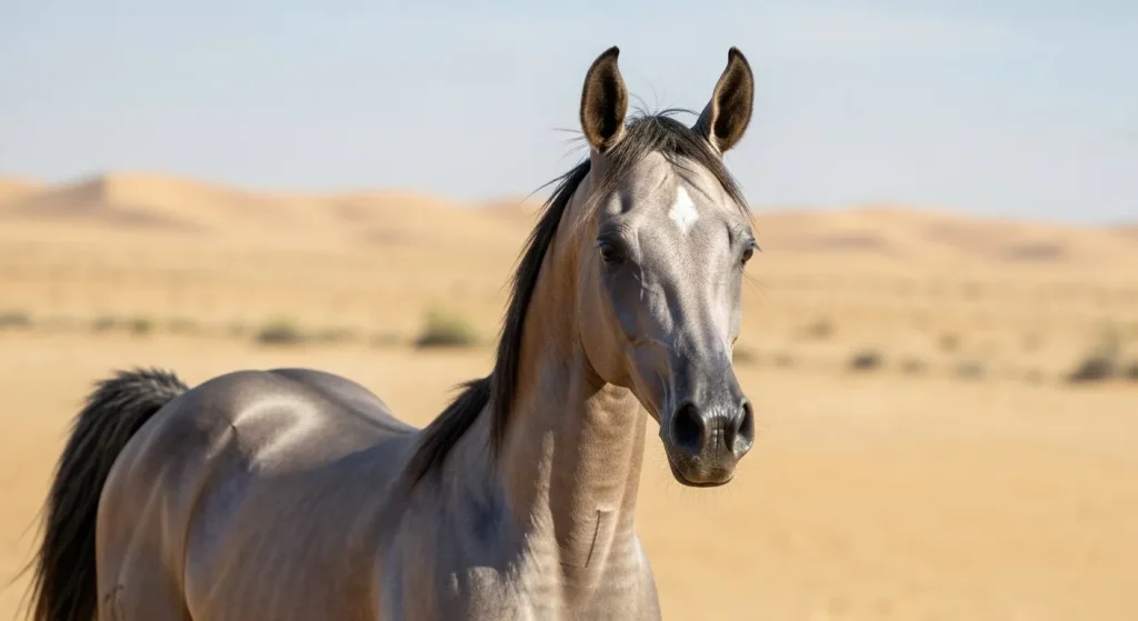 Un cal arab cu o blană strălucitoare, poziționat într-un peisaj deșertic.