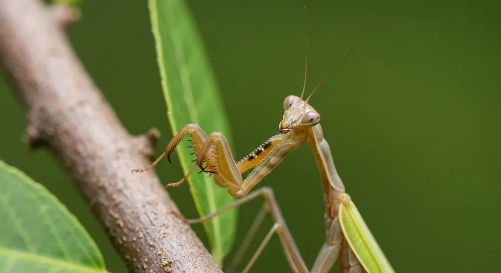 O mantis religioasă camuflată pe o ramură, cu ochii mari focalizați.