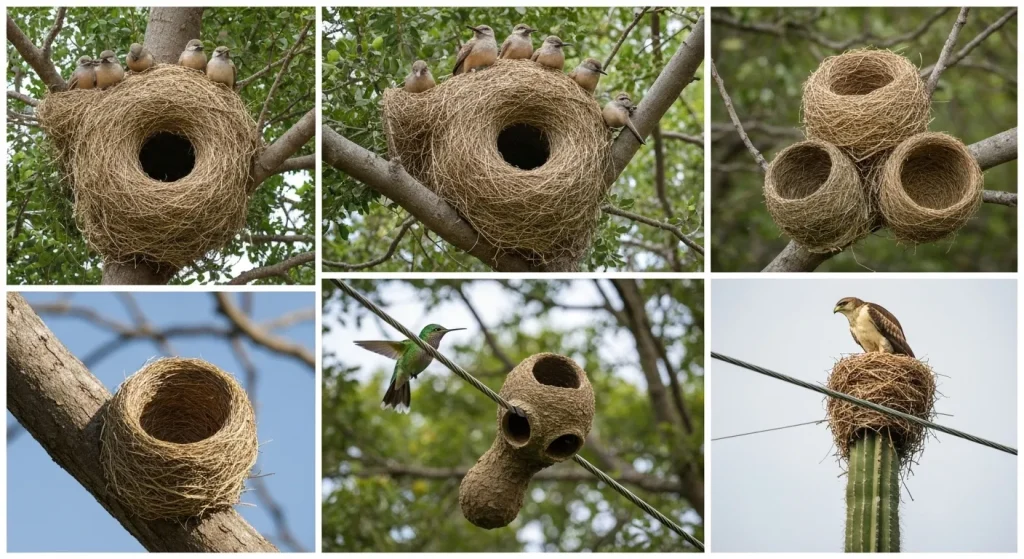 Diverse cuiburi de păsări, de la cuiburi mari țesute în copaci la cuiburi mici în formă de cupă, construite din diverse materiale.