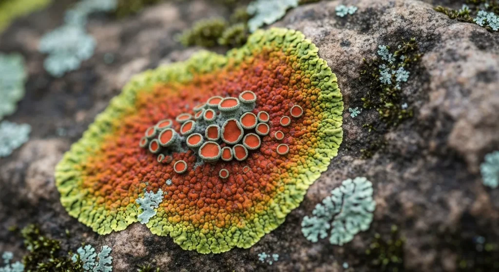 Lichen multicolor texturat crescând pe o suprafață stâncoasă.