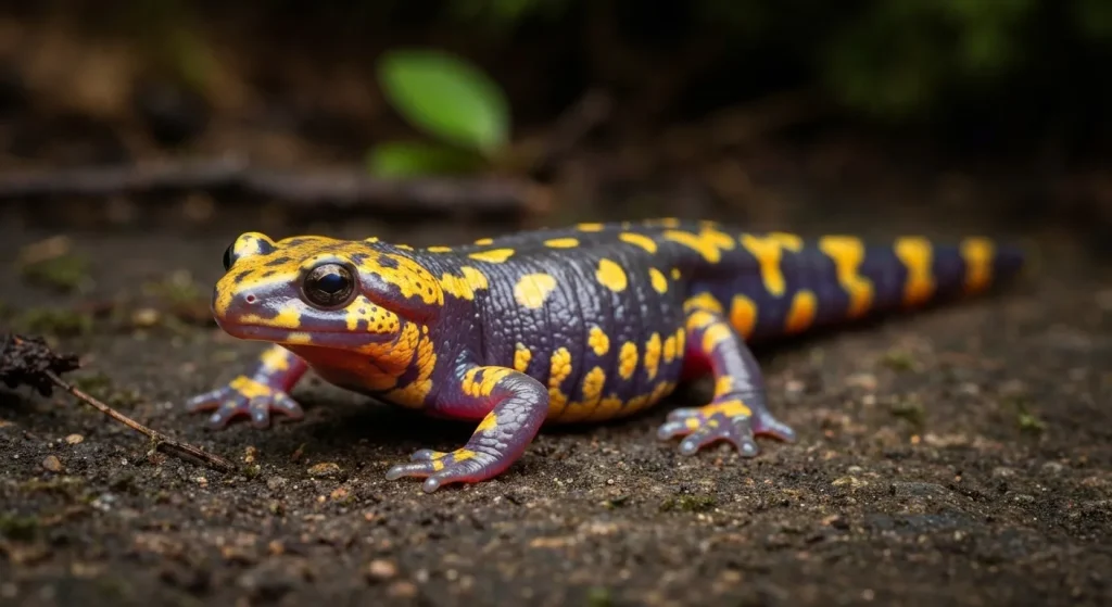 O salamandră viu colorată în habitatul său natural, evidențiind textura pielii și mediul înconjurător.