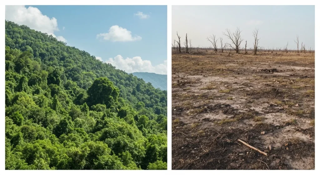 O comparație vizuală între un peisaj natural sănătos și unul afectat de schimbările climatice.