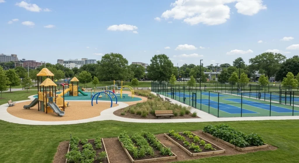 O fotografie a unui parc urban cu terenuri de joacă cu apă, grădini comunitare și terenuri de pickleball.
