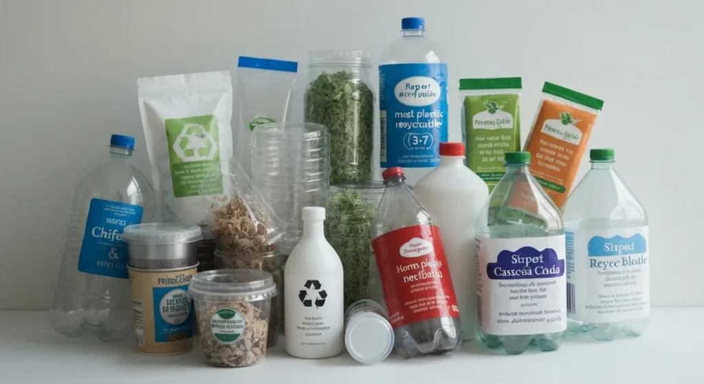 Un munte de deșeuri din plastic, cu diverse recipiente și ambalaje, multe dintre ele etichetate ca fiind reciclabile.