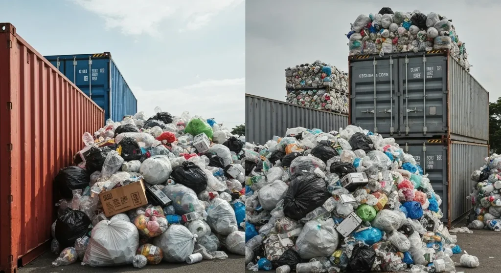 Containere de transport maritim pline cu deșeuri plastice și electronice, pregătite pentru a fi returnate în țările de origine.