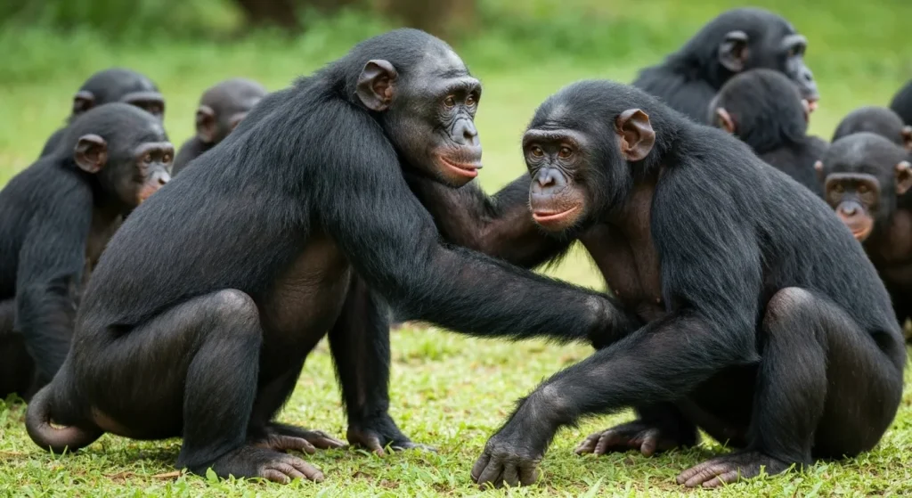 O mamă bonobo interacționează cu un mascul adult bonobo într-un grup social.