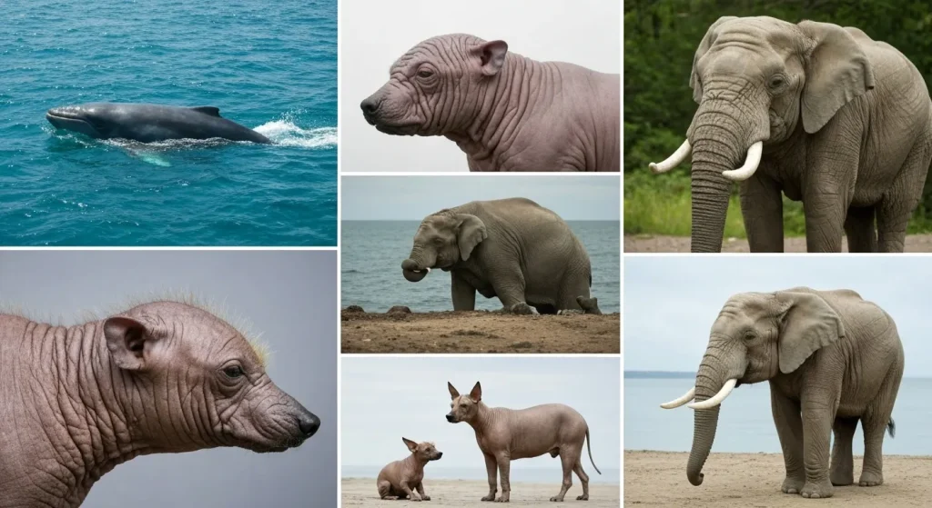 Diverse mamifere aproape fără păr, inclusiv un elefant african, un câine chinezesc crestat, o pisică Sphynx și un hipopotam.