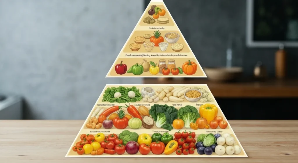 Două piramide suprapuse arată comparativ impactul ecologic și valoarea nutrițională a diferitelor alimente.