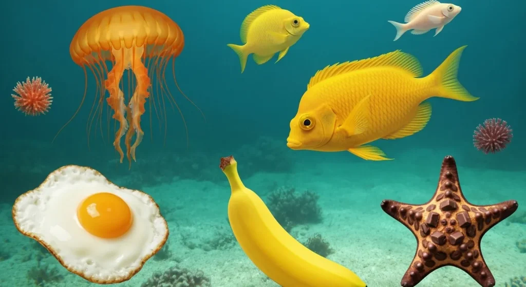 Imagini subacvatice cu diverse specii marine care amintesc de alimente precum ouă prăjite, banane și ciocolată.