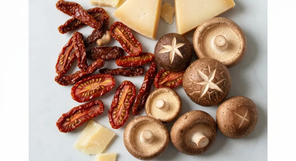 O fotografie cu diverse ingrediente bogate în umami, aranjate estetic: roșii uscate la soare, ciuperci shiitake, brânză parmesan.