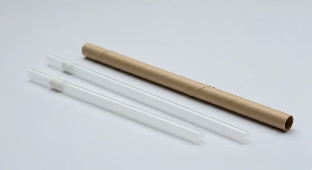 O mână aruncă un pai de plastic într-un coș de gunoi, în timp ce lângă el se află un pai de hârtie.