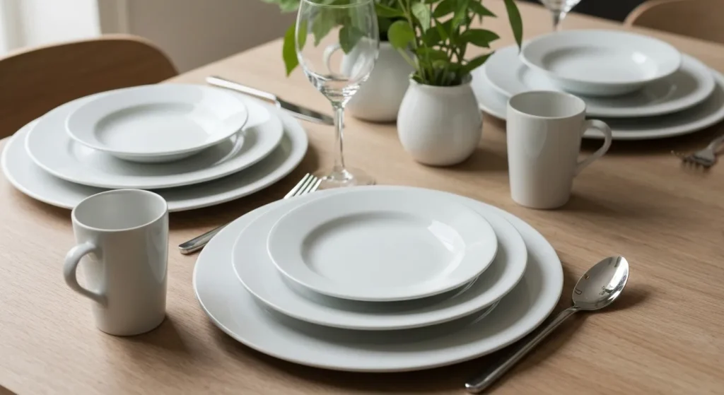 Farfurii și tacâmuri din porțelan pe o masă, alături de pahare reutilizabile.