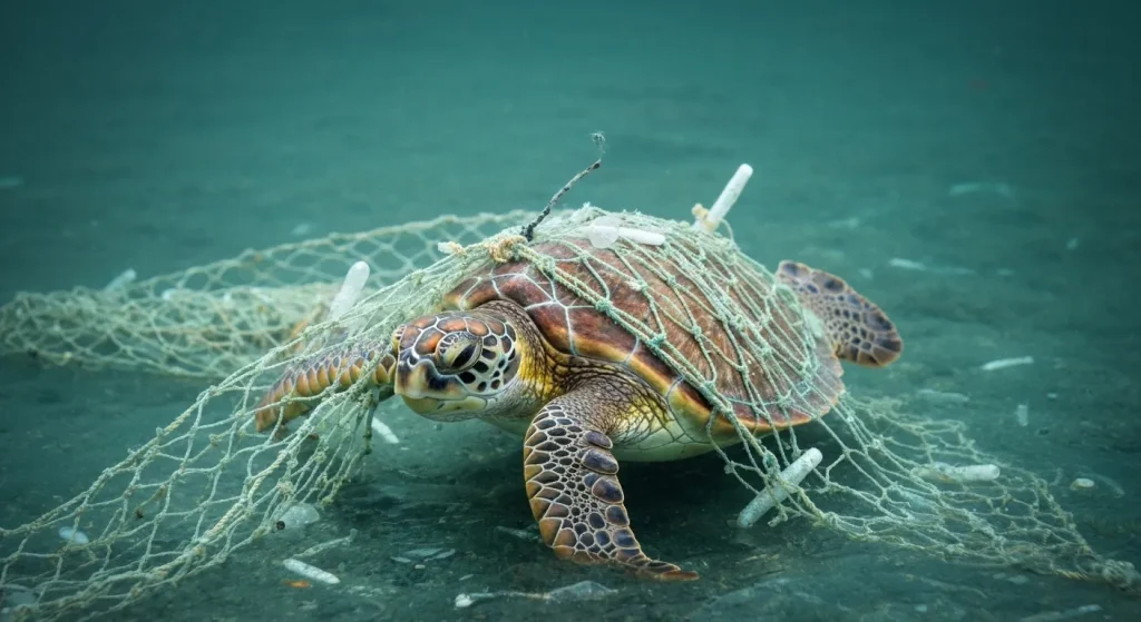 O fotografie a unei zone vaste din ocean acoperită cu deșeuri de plastic, inclusiv plase de pescuit și microplastice.