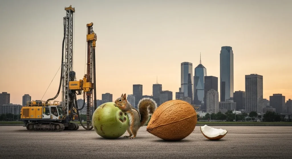 O veveriță încearcă să spargă o nucă de cocos mare într-un oraș aglomerat.