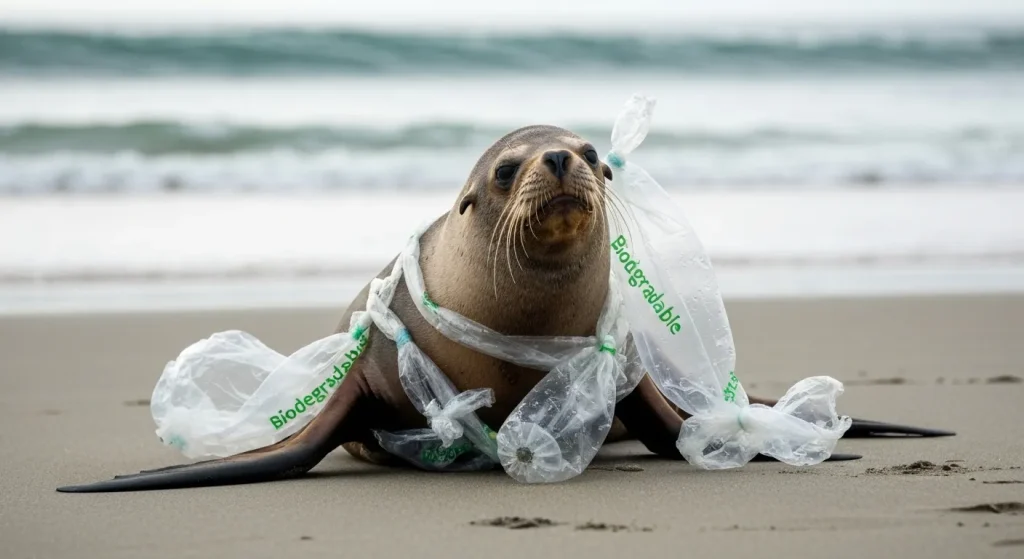 Un leu de mare împletit într-o plasă de plastic pe o plajă.