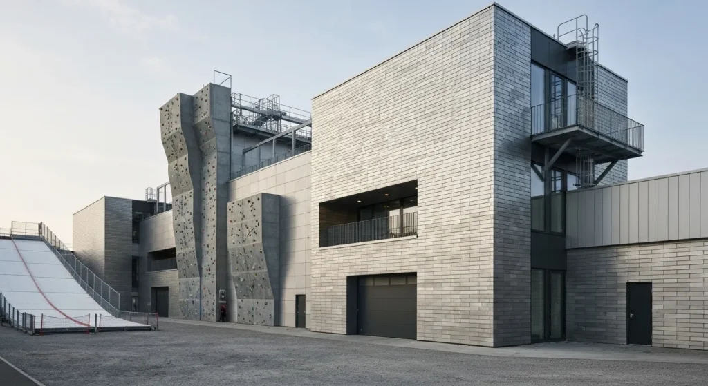 O imagine a unei instalații moderne de incinerare a deșeurilor, cu un perete de cățărat exterior, o pârtie de schi și un design arhitectural modern.