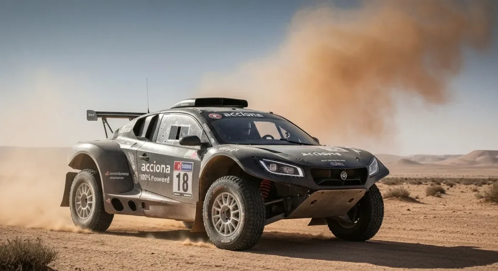 Mașină electrică de raliu Acciona 100% EcoPowered în deșert, în timpul cursei Dakar.