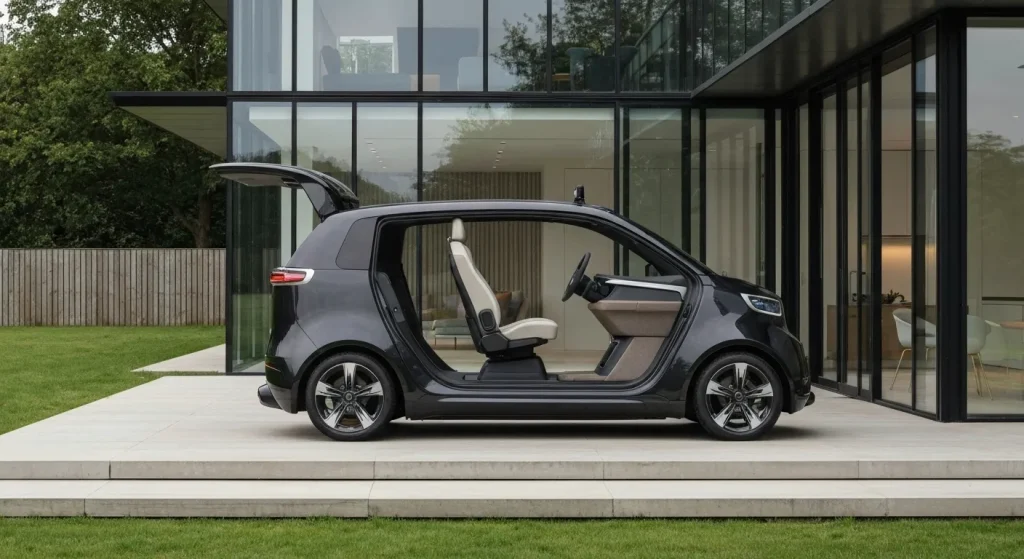 Interiorul unei mașini autonome spațioase și modern amenajate, cu scaune reglabile și un tablou de bord retractabil.