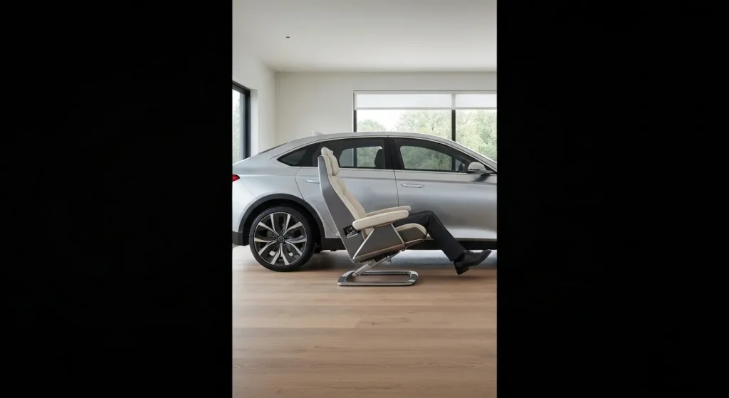 O mașină futuristă integrată într-un spațiu de locuit, cu un interior confortabil și spațios.
