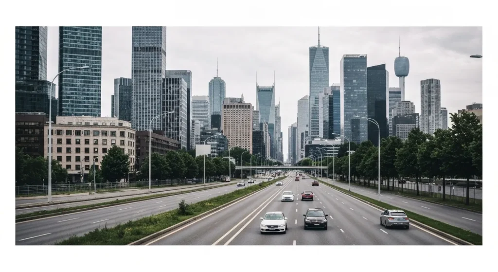 O imagine a unui oraș futurist cu mașini autonome.