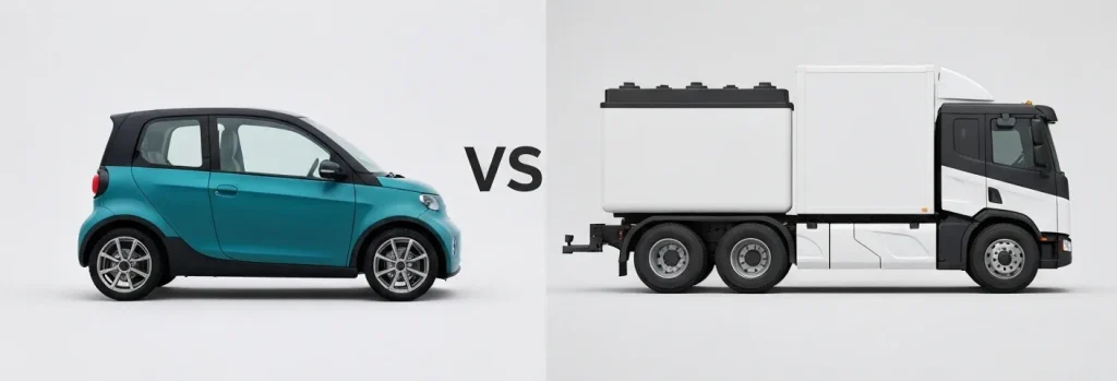 Imaginea prezintă o comparație între un vehicul electric compact și un vehicul electric de dimensiuni mari, evidențiind diferența în mărimea bateriilor și consumul de energie.