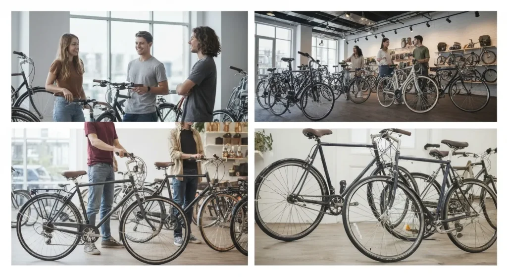 O imagine cu tineri care interacționează într-un magazin de biciclete modern, cu biciclete expuse.