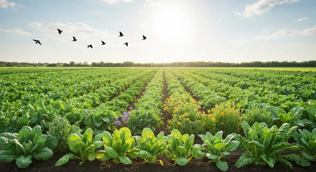 Un câmp verde bogat în culturi diverse, sănătos și fără pesticide sau îngrășăminte chimice.