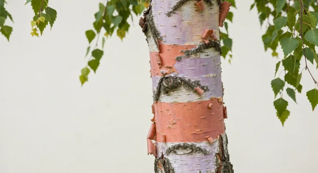 Un mesteacăn roșu cu scoarță exfoliantă colorată, arătând nuanțe de maro, somon, piersică și portocaliu.