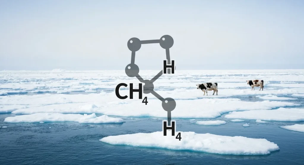 O moleculă de metan, CH₄, cu imagini de gheață arctică care se topește și un câmp cu vaci în fundal.