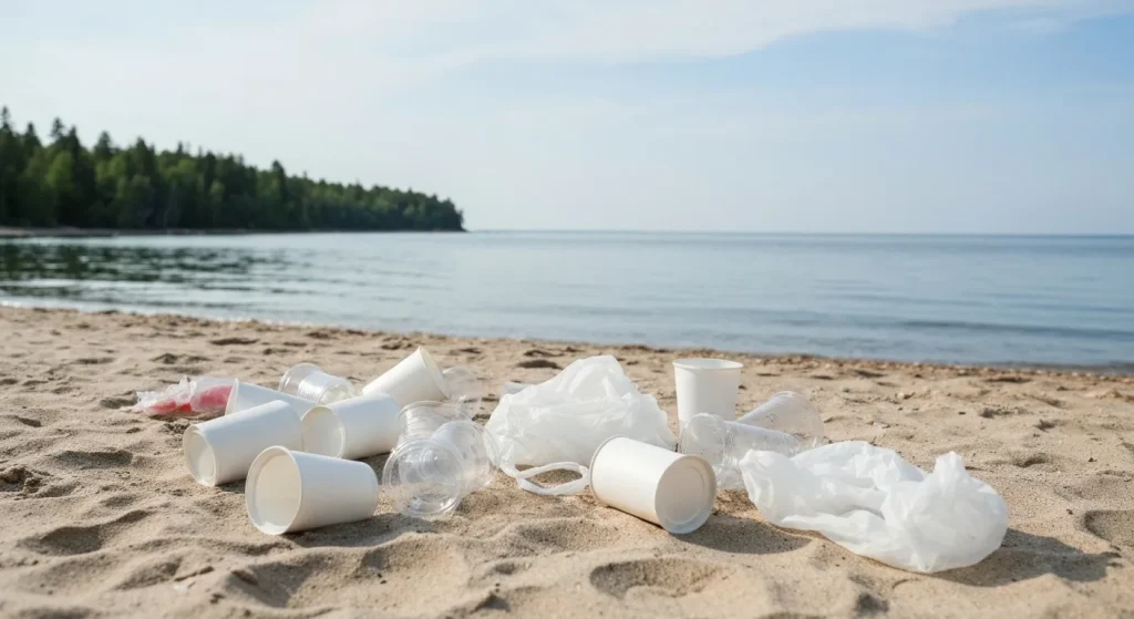 O plajă frumoasă cu deșeuri de plastic, cum ar fi pahare, pungi și recipiente de mâncare, pe nisip și în apă.