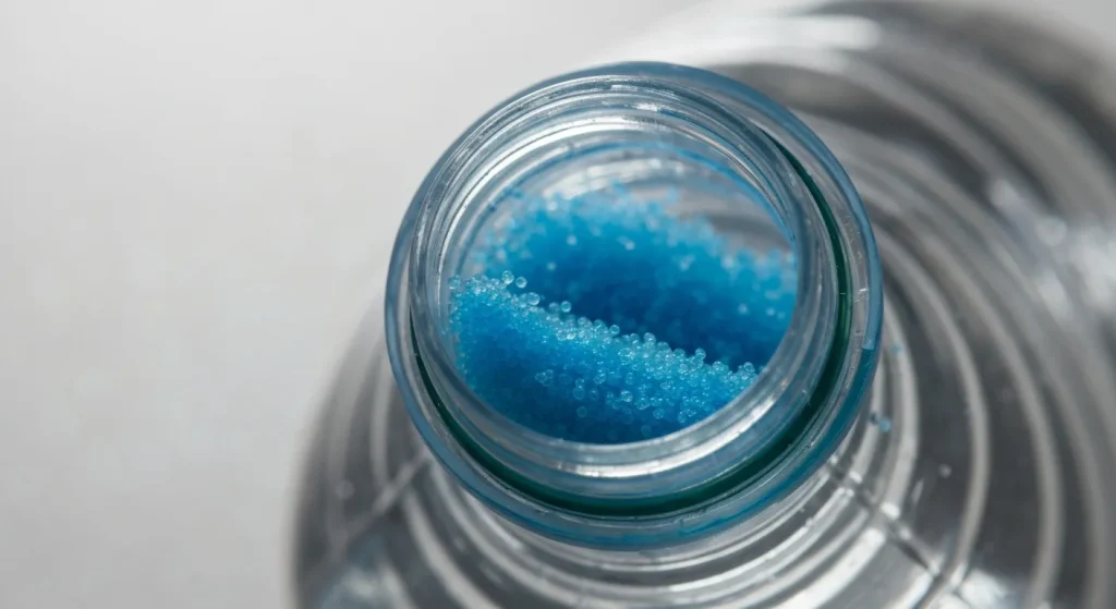 O imagine apropiată a unor microplastice vizibile în interiorul unei sticle de apă din plastic.