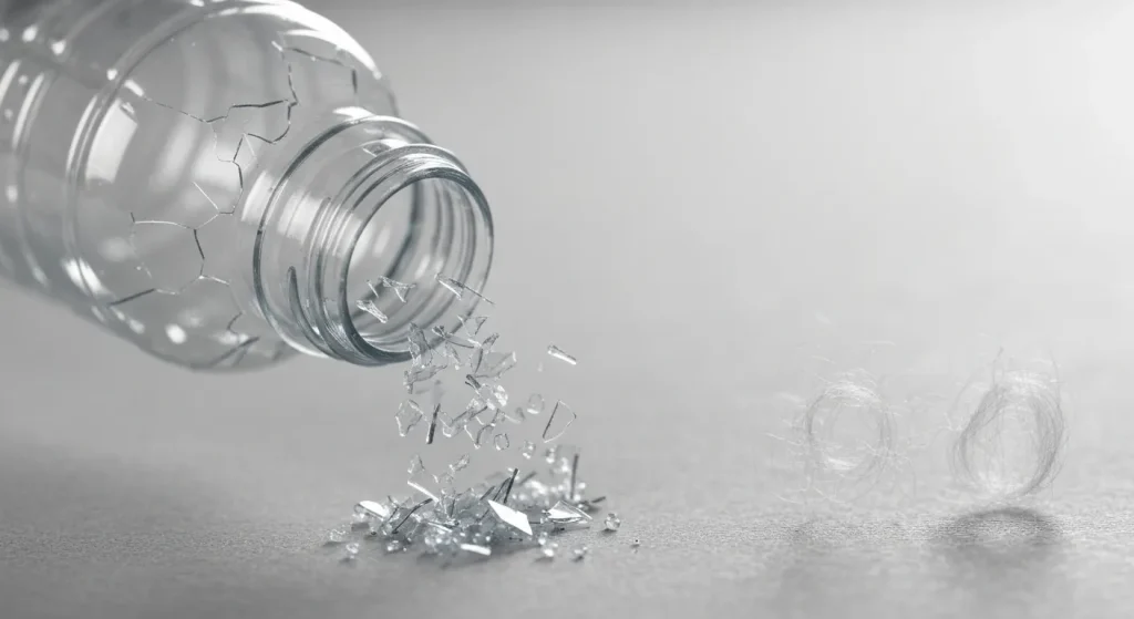 Imaginea prezintă microplastice în diverse produse cosmetice, textile sintetice și resturi de plastic.